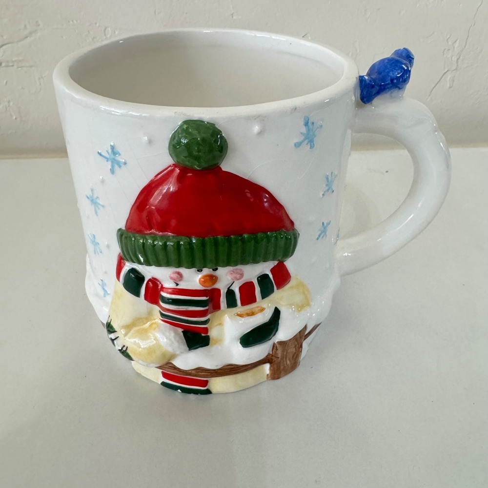 VTG Adorable Snowman Mug With Bluebird Handle Christmas Holiday Drinkware